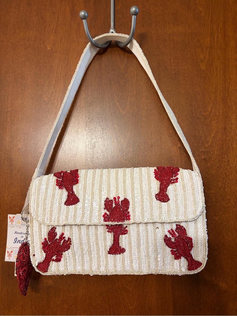 Handcrafted in India White Sequin/Cream bead Shoulder Bag w/ beaded Lobsters
